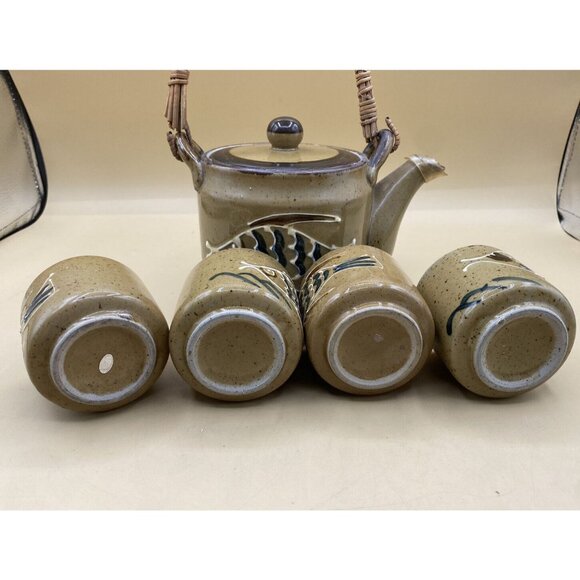OTAGIRI Fish Stoneware Tea Set Teapot & 4 Cups Japan Vintage - Picture 6 of 12